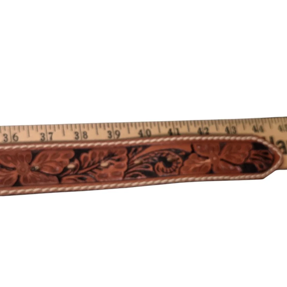 New Tony Lama Belt Mens 38 Brown Floral Tooled Leather Western Silver Buckle